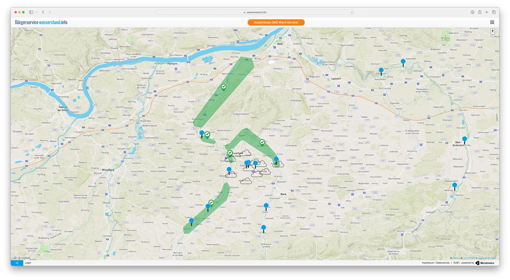 Information screen wasserstand.info with zones and measuring points